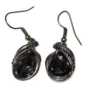 Elegant Black Gem Teardrop Dangle Earrings Silver Tone Fashion Jewelry Women